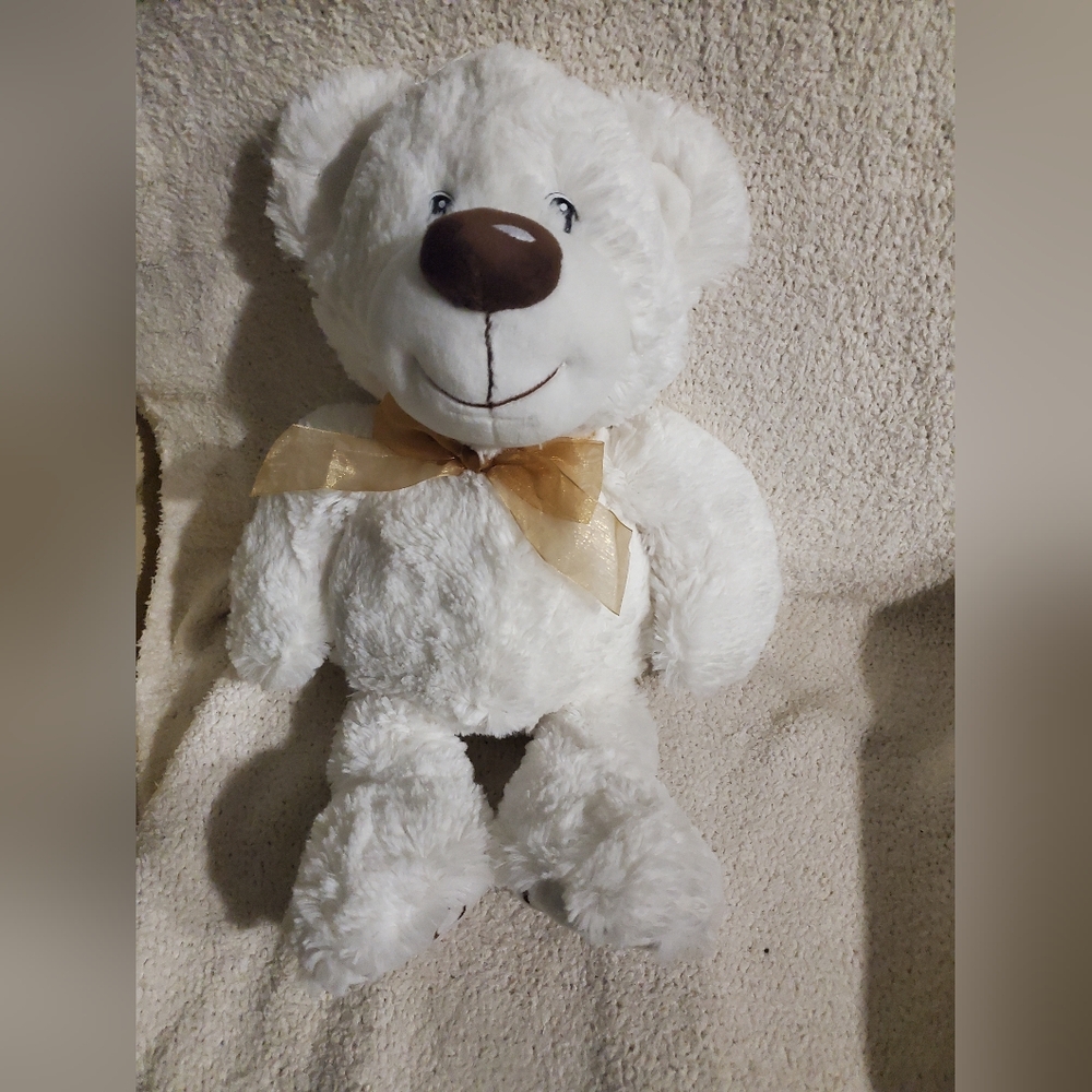 White Teddy Bear with Gold Bow